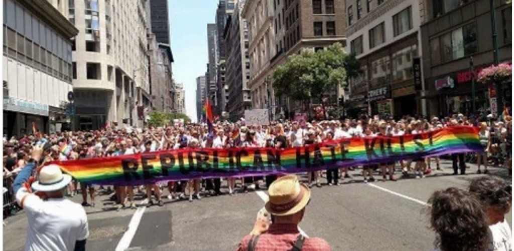 "Republican Hate Kills" read the banner at a NY gay pride parade following the Orlando terrorist attack. The killer was a registered Democrat. 